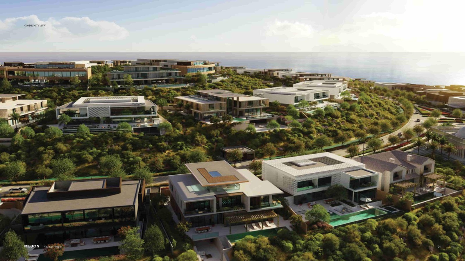 Nawayef West Hill and East Hill villas at Hudayriyat Hill Abu Dhabi showcasing contemporary architecture and skyline panoramas
